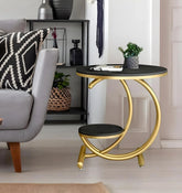 Black Marble Side Table with Gold Ring and Shelf